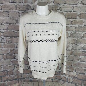 Vintage 80s Jacquard  Crewneck Pullover Sweater Cream Measures Medium